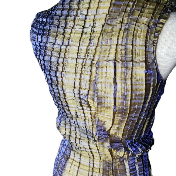 Accordion Pleated Sheath Dress M Color Change Iridescent 90s Gold Green Purple - Picture 7 of 10